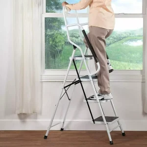 4-traps vouwladder, met leuning en antislipmat, opklapbare trede, belasting 150 kg, hoogte 154 cm