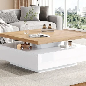 360° Draaibare Vierkante Salontafel – 70x70x36 cm – met 1 lade – Wit & Naturel 360° Draaibare Vierkante Salontafel – 70x70x36 cm – met 1 lade – Wit & Naturel
