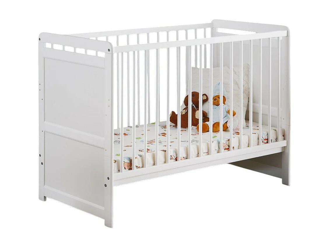 Bed en matras voor baby's uit de GUIZMO collectie, in hoogte verstelbaar. Mat witte kleur.