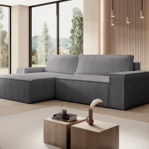Hoekslaapbank met hoek links van antracietgrijs ribfluweel met brede ribbels AMELIA Hoekslaapbank met hoek links van antracietgrijs ribfluweel met brede ribbels AMELIA