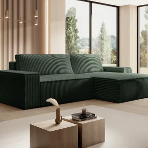 Hoekslaapbank met hoek rechts van groen ribfluweel met brede ribbels AMELIA Hoekslaapbank met hoek rechts van groen ribfluweel met brede ribbels AMELIA