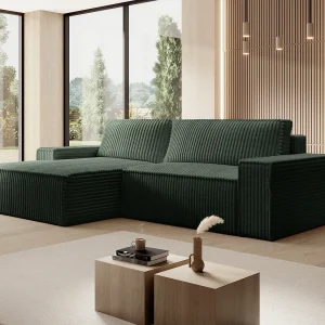 Hoekslaapbank met hoek links van groen ribfluweel met brede ribbels AMELIA Hoekslaapbank met hoek links van groen ribfluweel met brede ribbels AMELIA