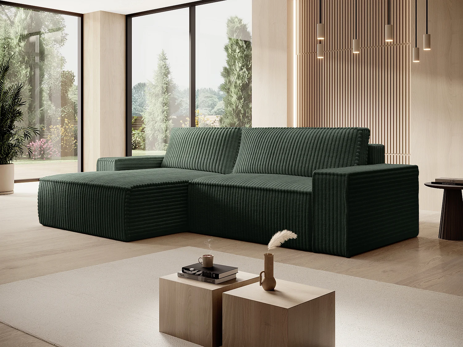 Hoekslaapbank met hoek links van groen ribfluweel met brede ribbels AMELIA