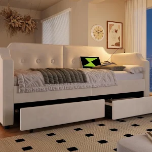 90x200cm fluwelen slaapbank – met oplaadfunctie en LED – met lattenbodem – Beige 90x200cm fluwelen slaapbank – met oplaadfunctie en LED – met lattenbodem – Beige