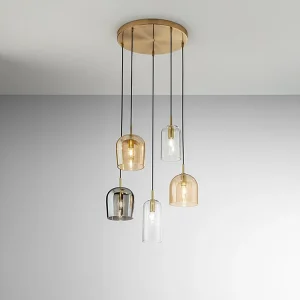 5-lichts hanglamp, geborsteld gouden frame, meerkleurig amberkleurig transparant rookglas en zwarte stoffen kabels, 5xE14 40W – Perenz 5-lichts hanglamp, geborsteld gouden frame, meerkleurig amberkleurig transparant rookglas en zwarte stoffen kabels, 5xE14 40W – Perenz