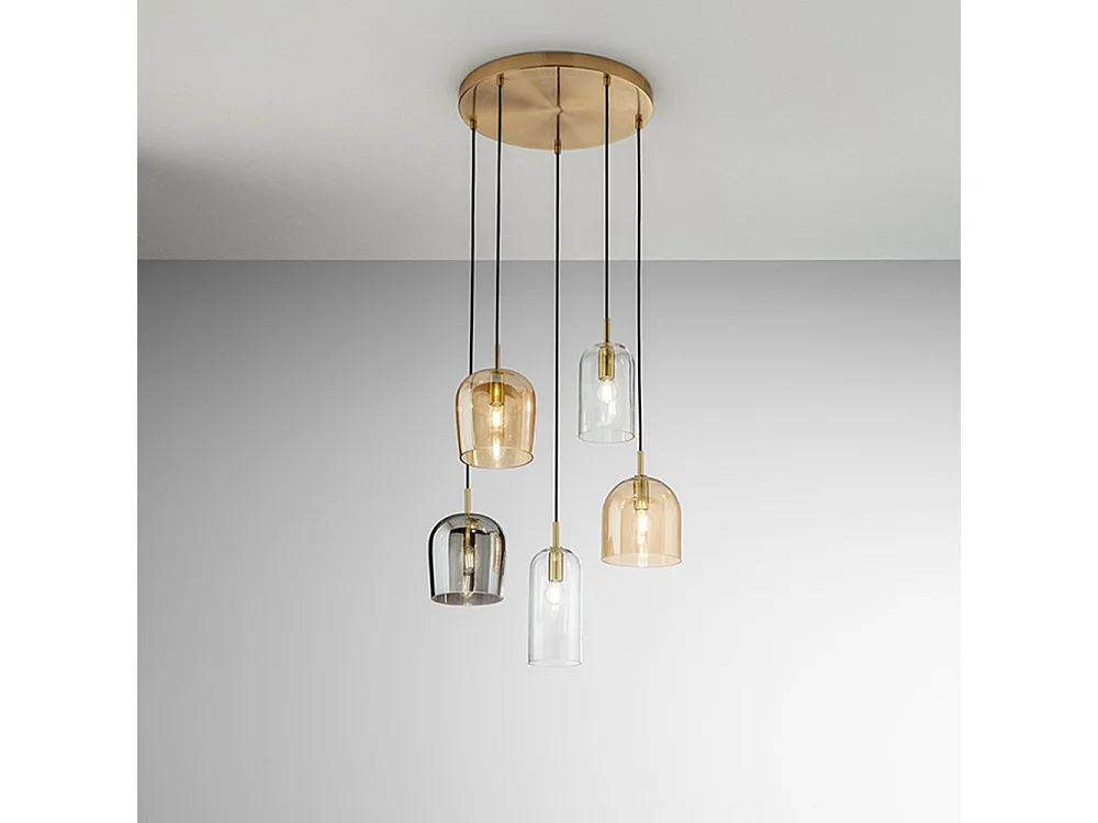 5-lichts hanglamp, geborsteld gouden frame, meerkleurig amberkleurig transparant rookglas en zwarte stoffen kabels, 5xE14 40W - Perenz