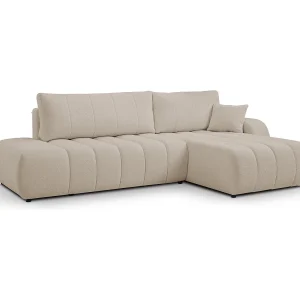 Bank met slaapfunctie en opbergdoos, comfortabele bekleding, stof, decoratieve kussens, rechterzijde, 276x88x176 cm, beige