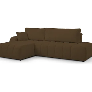 Bank met slaapfunctie en opbergdoos, comfortabele bekleding, stof, decoratieve kussens, linkerzijde, 276x88x176 cm, bruin