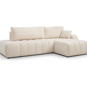Bank met slaapfunctie en opbergdoos, comfortabele bekleding, stof, decoratieve kussens, rechterzijde, 276x88x176 cm, crème