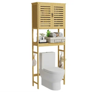 Badkamerkast boven toiletkolom met 2 deuren 3 planken bamboe toiletkast 65x27x174cm