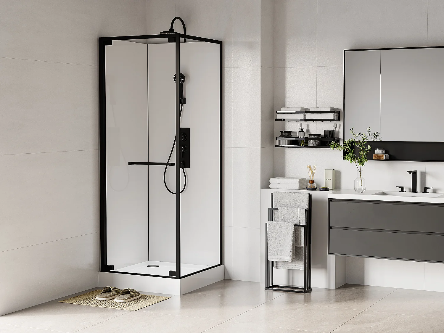Douchecabine - Aanpasbare hoogte - Wit en zwart - L80 x B80 x H213/232 cm - BADONI