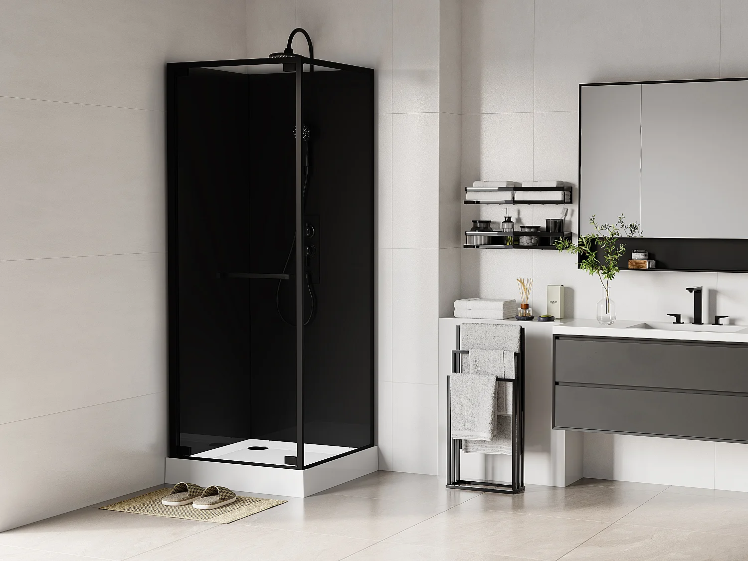 Vierkante douchecabine - Aanpasbare hoogte - Zwart - L80 x B80 x H213/232 cm - BADONI