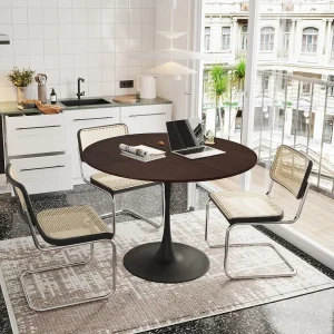 120cm moderne ronde eettafel, vier patchwork tafelbladen met massief houtnerf in eikenkleur, eettafel met metalen onderstel, bijzettafel, vrijetijds salontafel