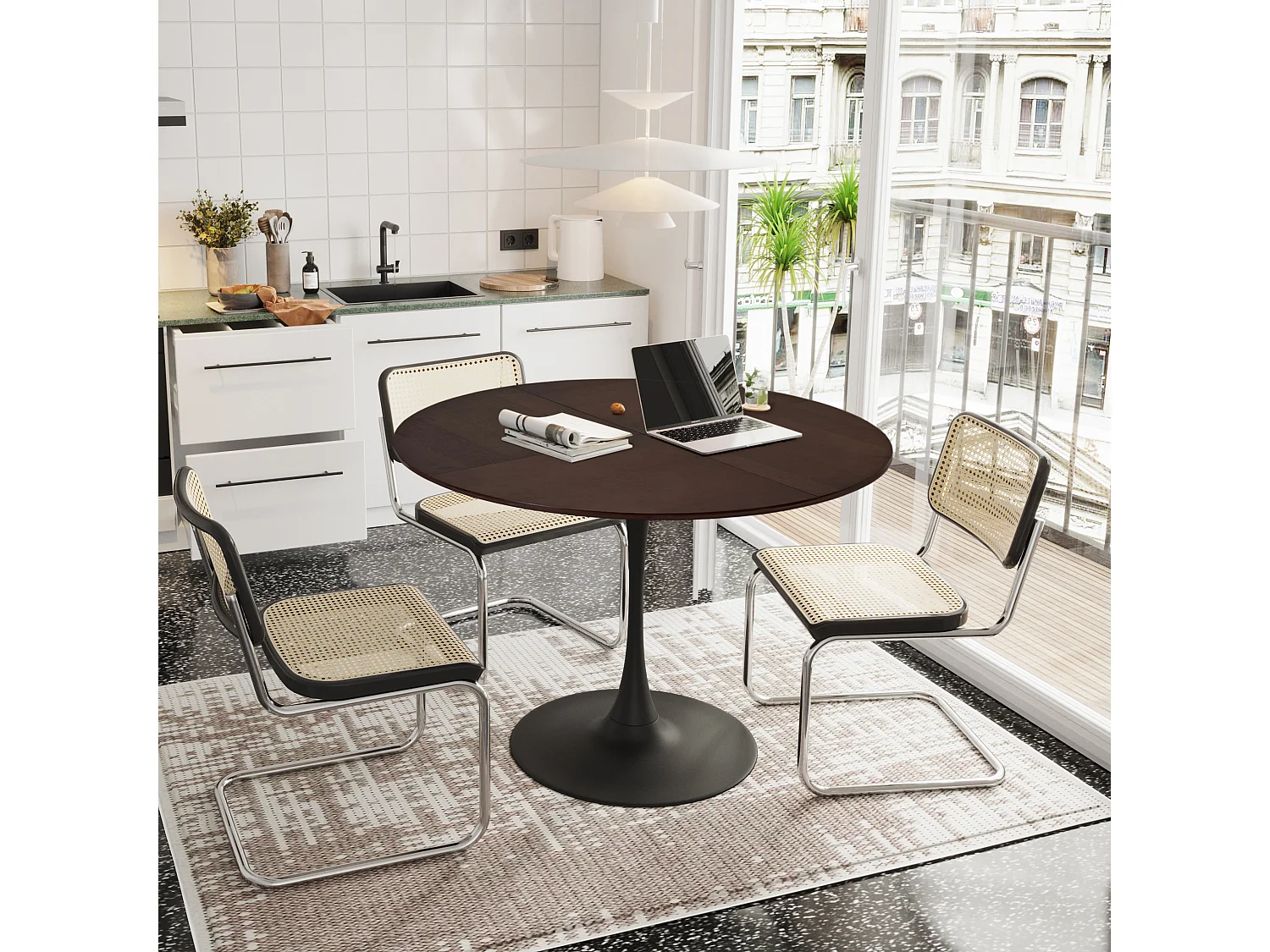 120cm moderne ronde eettafel, vier patchwork tafelbladen met massief houtnerf in eikenkleur, eettafel met metalen onderstel, bijzettafel, vrijetijds salontafel