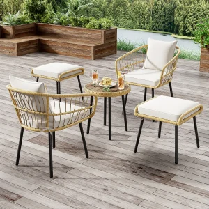 5-delige tuinmeubelset: 1 salontafel + 2 stoelen + 2 krukken – Rotan en metaal – Naturel 5-delige tuinmeubelset: 1 salontafel + 2 stoelen + 2 krukken – Rotan en metaal – Naturel