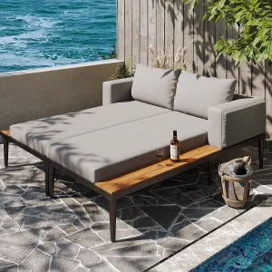2-zits buiten daybed, tuinmeubilair – Metaal + polyester – Inclusief kussens – Grijs 2-zits buiten daybed, tuinmeubilair – Metaal + polyester – Inclusief kussens – Grijs