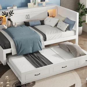 90x200cm daybed met LED en stopcontacten – met een 90x190cm uitschuifbed – Wit 90x200cm daybed met LED en stopcontacten – met een 90x190cm uitschuifbed – Wit