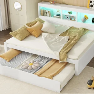 140x200cm slaapbank met een 90x190cm uitschuifbed – nachtkastje met opbergruimte, LED en stopcontacten – Wit 140x200cm slaapbank met een 90x190cm uitschuifbed – nachtkastje met opbergruimte, LED en stopcontacten – Wit