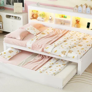 90x200cm slaapbank met een 90x190cm uitschuifbed – nachtkastje met opbergruimte, LED en stopcontacten – Wit