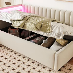 90x200cm opbergbed met LED – fluwelen stof – Beige