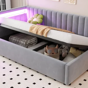 90x200cm opbergbed met LED – fluwelen stof – Lichtgrijs