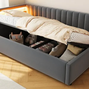 90x200cm opbergbed met LED – fluwelen stof – Grijs