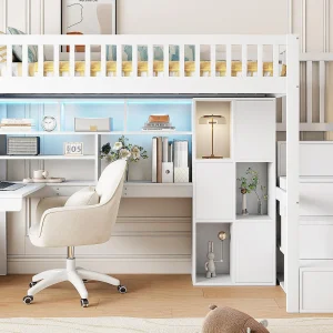 90×200 cm houten hoogslaper – bureau met LED en opbergruimte & opbergladder – Wit