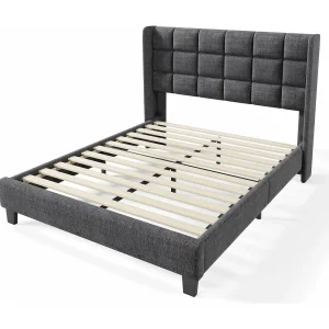 140×200 cm tweepersoonsbed, in grijs linnen, met latte frame, zonder matrassen