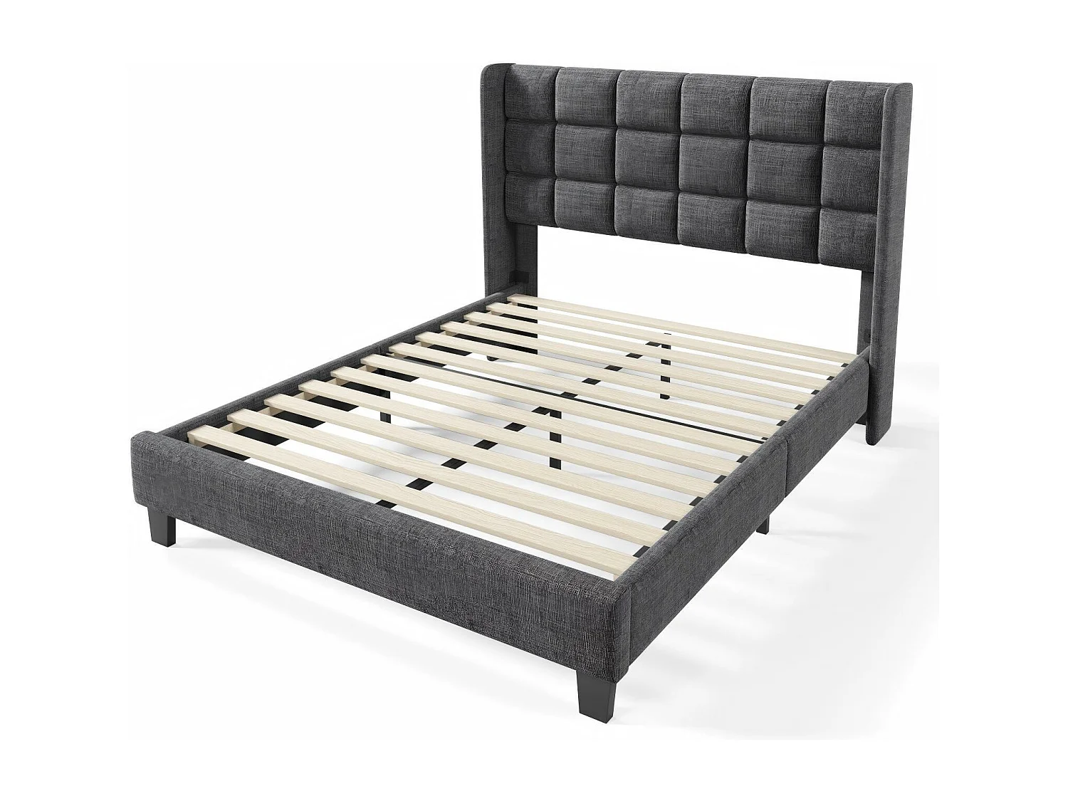 140x200 cm tweepersoonsbed, in grijs linnen, met latte frame, zonder matrassen