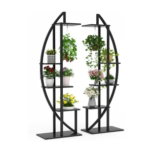 2-Pack 5-laags plantenstandaard voor binnen, gebogen metalen plantenhouder met 2 ophanghaken, multifunctioneel voor binnen, tuin, balkon, woonkamer