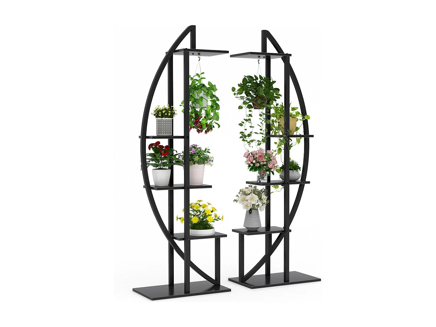 2-Pack 5-laags plantenstandaard voor binnen, gebogen metalen plantenhouder met 2 ophanghaken, multifunctioneel voor binnen, tuin, balkon, woonkamer