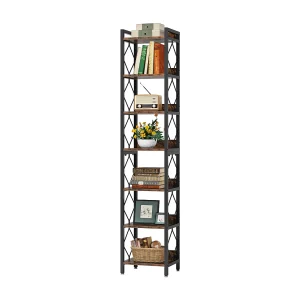 200 cm extra hoge smalle boekenkast, 7-laags slanke boekenkast voor kleine ruimtes, vrijstaande planken, rustiek bruin 200 cm extra hoge smalle boekenkast, 7-laags slanke boekenkast voor kleine ruimtes, vrijstaande planken, rustiek bruin