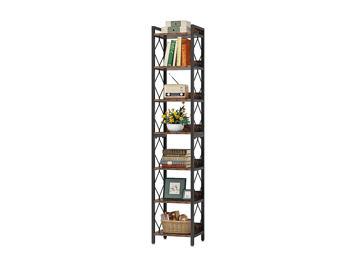 200 cm extra hoge smalle boekenkast, 7-laags slanke boekenkast voor kleine ruimtes, vrijstaande planken, rustiek bruin