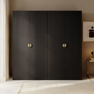 4-deurs kledingkast met 2 roedes en lades – 200 cm – zwart – MOONIR 4-deurs kledingkast met 2 roedes en lades – 200 cm – zwart – MOONIR