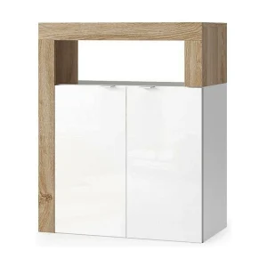 Meubel voor badkamer BURA – 2 deuren, 2 planken – Glanzend wit gelakt en licht eiken Meubel voor badkamer BURA – 2 deuren, 2 planken – Glanzend wit gelakt en licht eiken