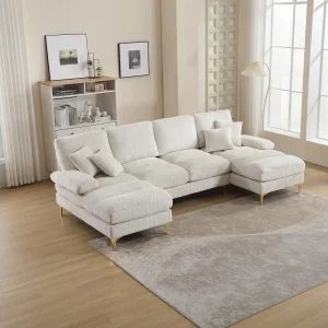 4 -Zitbank, in rups, vast houten frame, met kussens, 272x136x88cm, beige 4 -Zitbank, in rups, vast houten frame, met kussens, 272x136x88cm, beige
