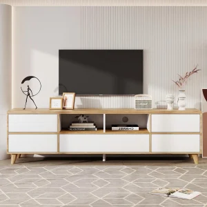 5 -door tv -kast en 8 niche, massieve houten voeten, 175x37x51cm, wit en natuurlijk