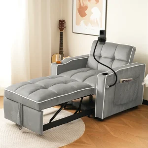 1-zits slaapbank met bekerhouders en telefoonhouder – 83 x 75 x 167 cm – Fluweel – Grijs