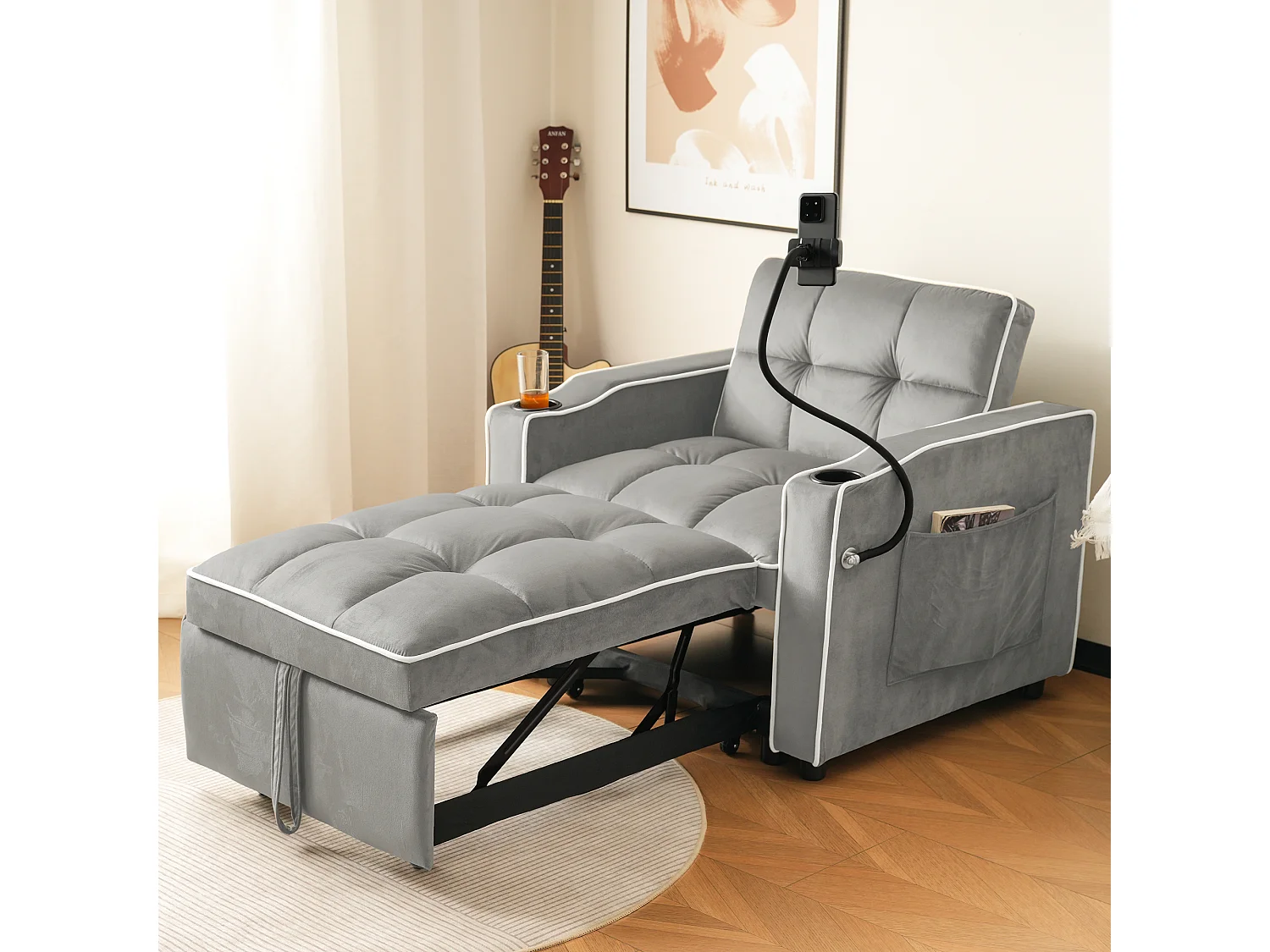 1-zits slaapbank met bekerhouders en telefoonhouder – 83 x 75 x 167 cm – Fluweel – Grijs