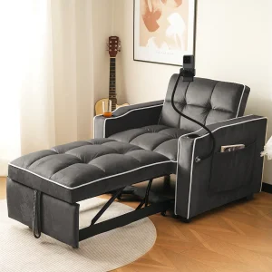 1-zits slaapbank met bekerhouders en telefoonhouder – 83 x 75 x 167 cm – Fluweel – Donkergrijs