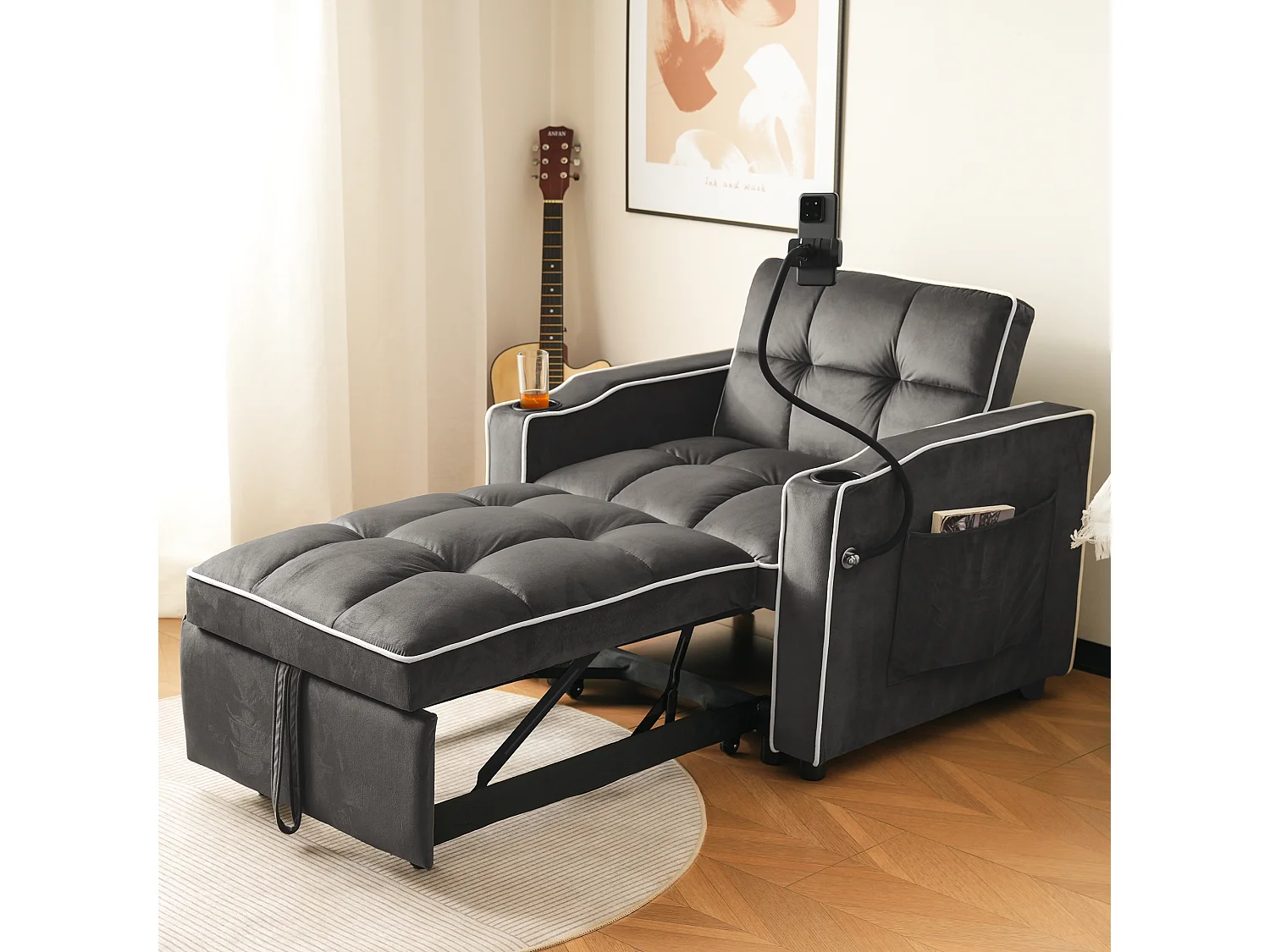 1-zits slaapbank met bekerhouders en telefoonhouder – 83 x 75 x 167 cm – Fluweel – Donkergrijs