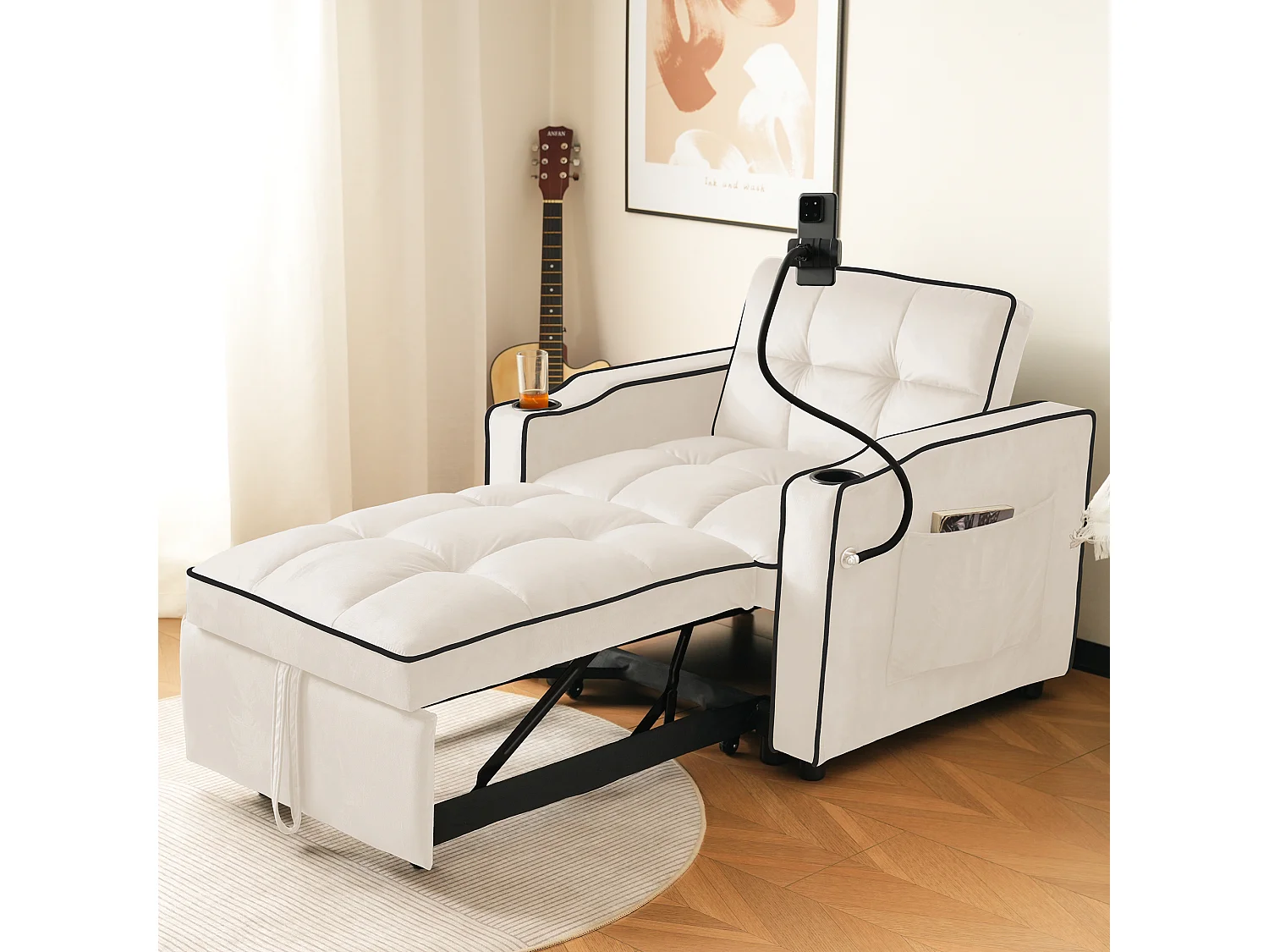 1-zits slaapbank met bekerhouders en telefoonhouder – 83 x 75 x 167 cm – Fluweel – Beige