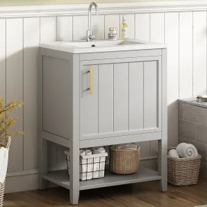 Badkamermeubel met enkele wastafel – 1 open plank en 1 deur – 61 x 47 x 87 cm – MDF-hout – Lichtgrijs Badkamermeubel met enkele wastafel – 1 open plank en 1 deur – 61 x 47 x 87 cm – MDF-hout – Lichtgrijs