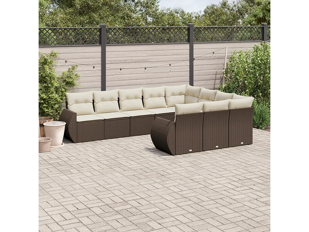 10-delige Loungeset met kussens poly rattan bruin