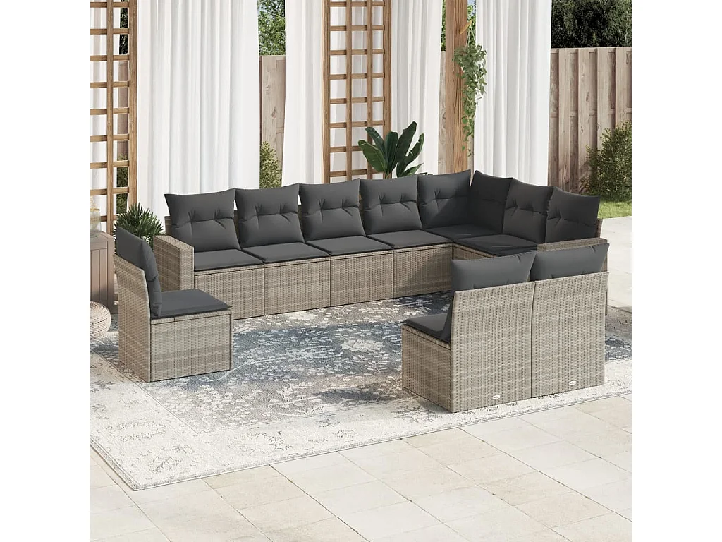 10-delige Loungeset met kussens poly rattan lichtgrijs