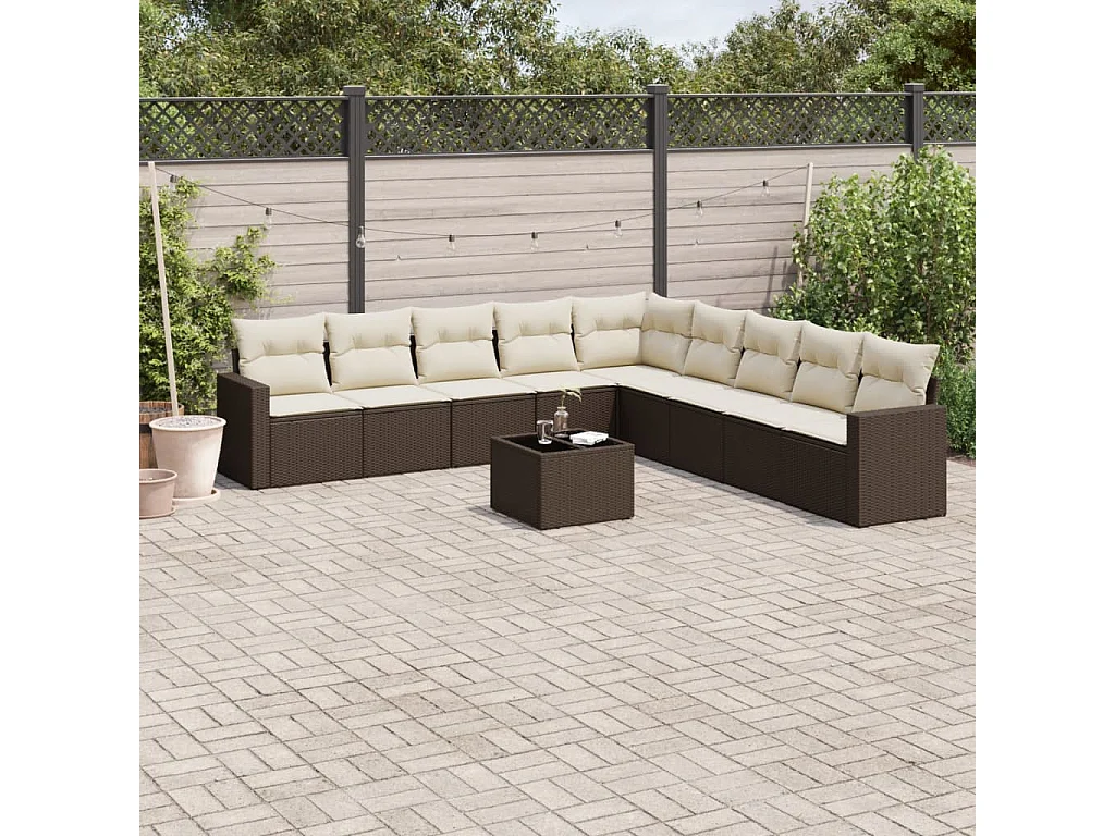 10-delige Loungeset met kussens poly rattan bruin