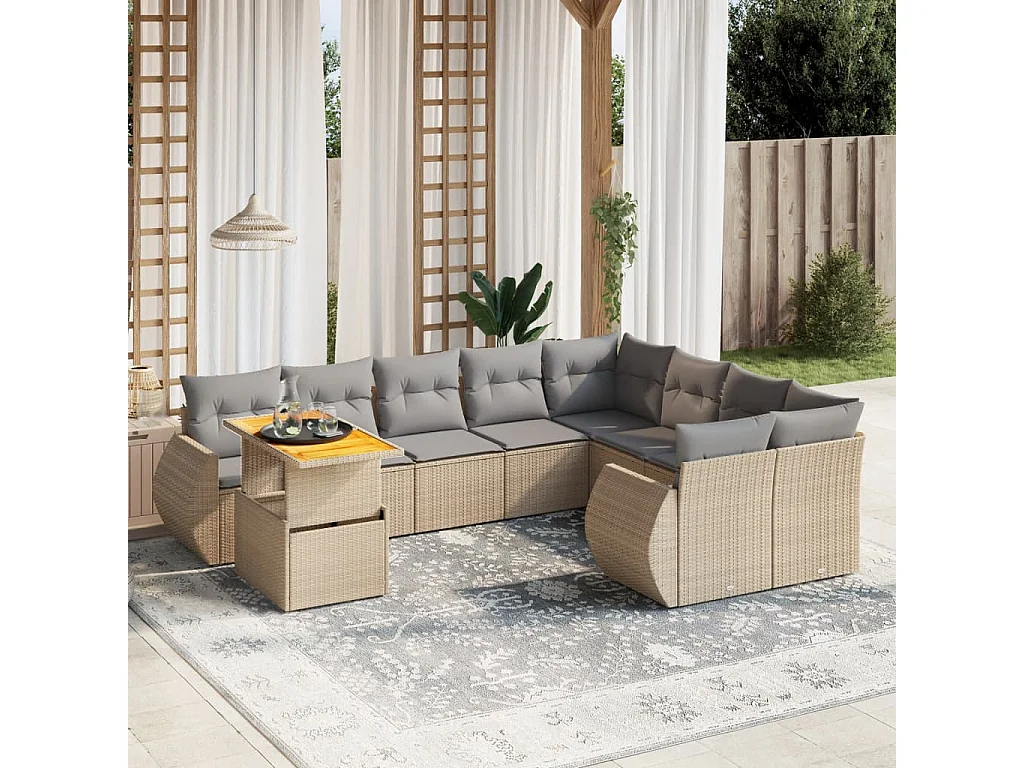 10-delige Loungeset met kussens poly rattan beige