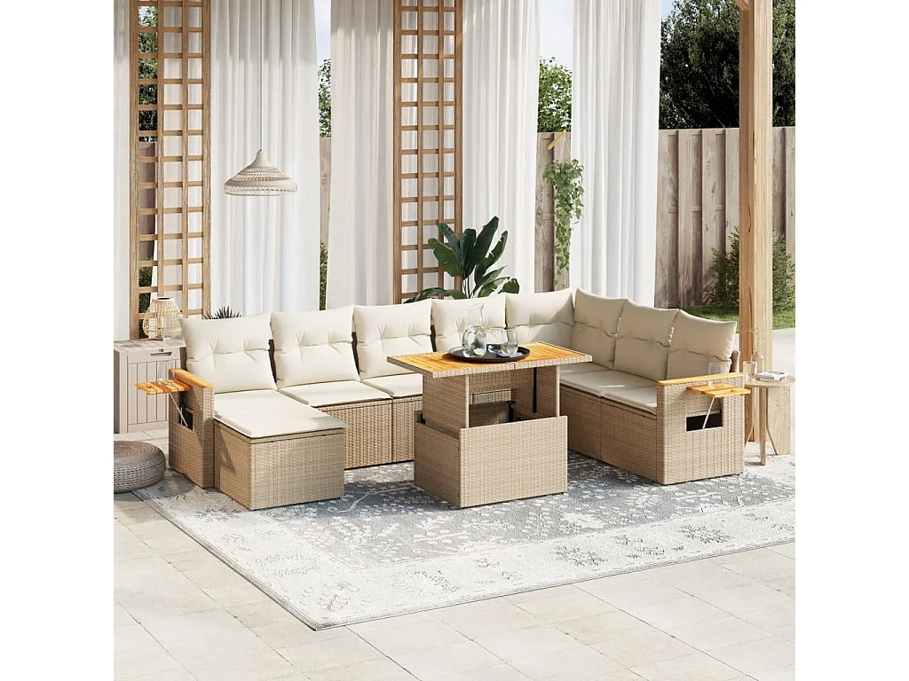 9-delige Loungeset met kussens poly rattan beige