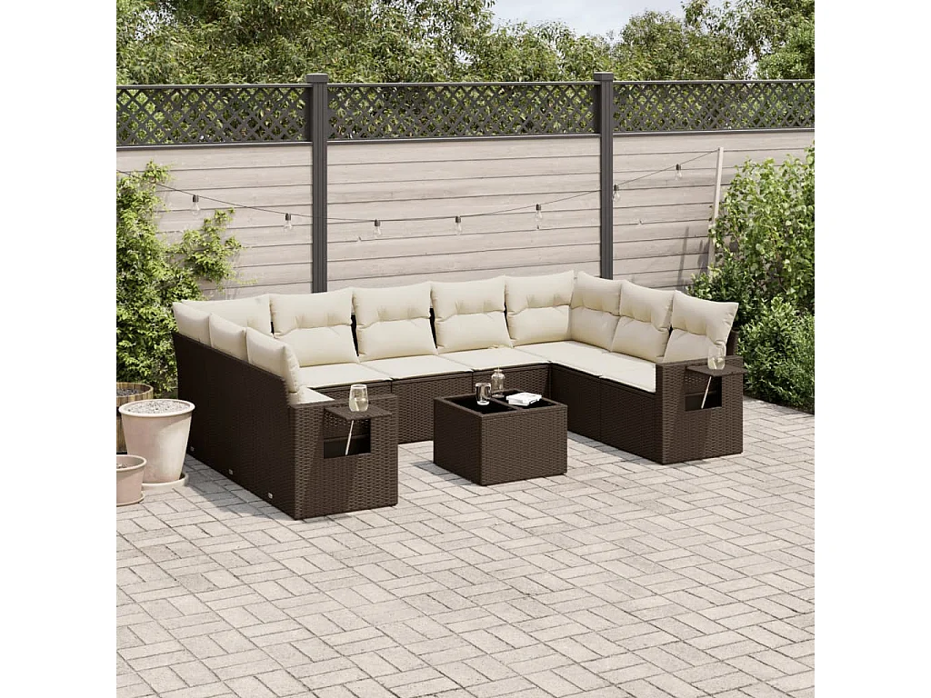 10-delige Loungeset met kussens poly rattan bruin