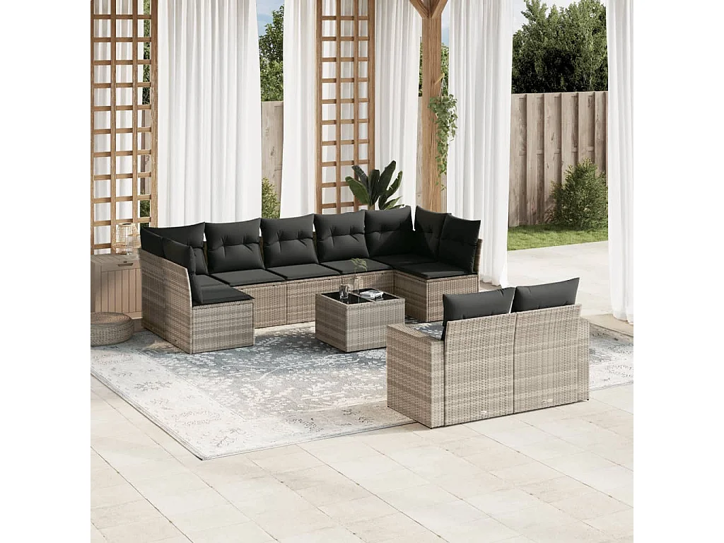10-delige Loungeset met kussens poly rattan lichtgrijs